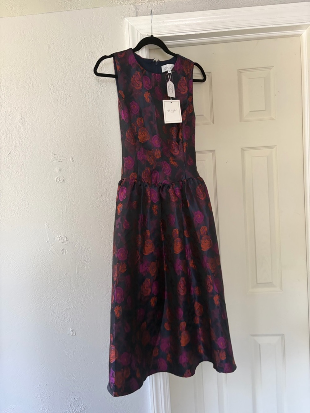 Floral Sleeveless Midi Dress in Black with Purple & Orange Roses